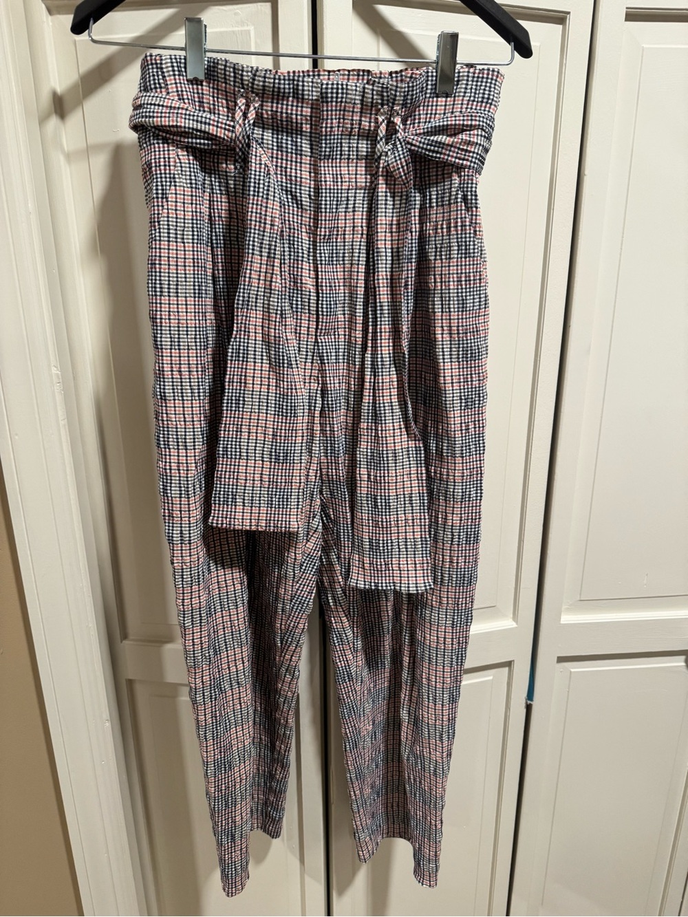 Anthropologie Red and Navy Plaid Paperbag Ankle Pants